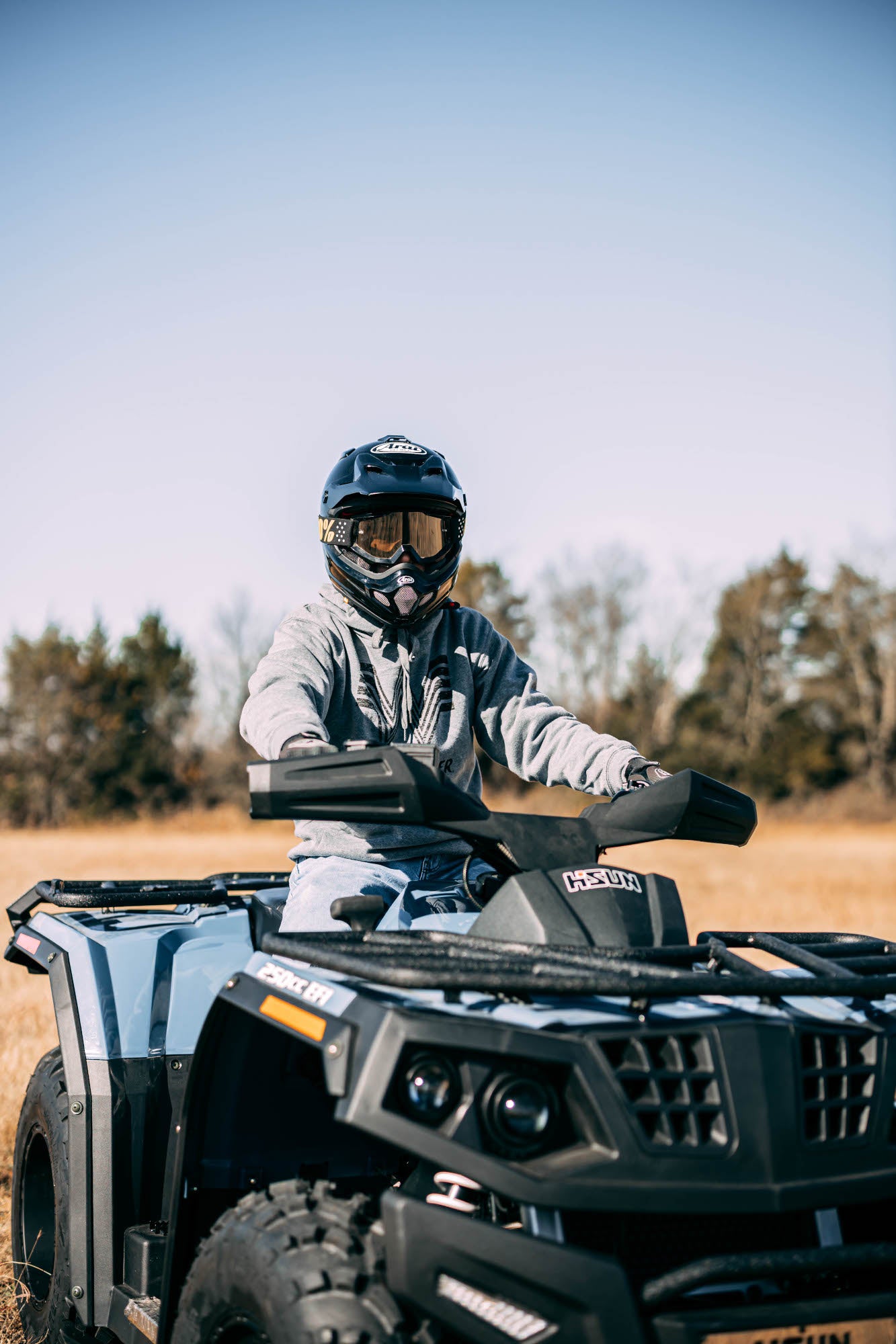 Riding a Hisun ATV in a grass field