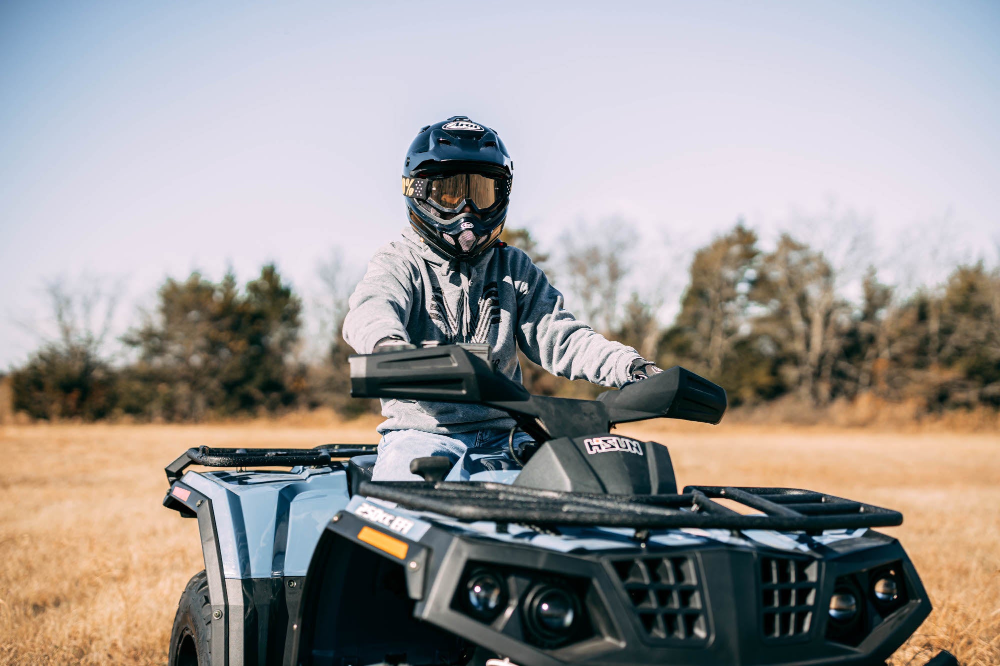 Riding a Hisun ATV in a grass field